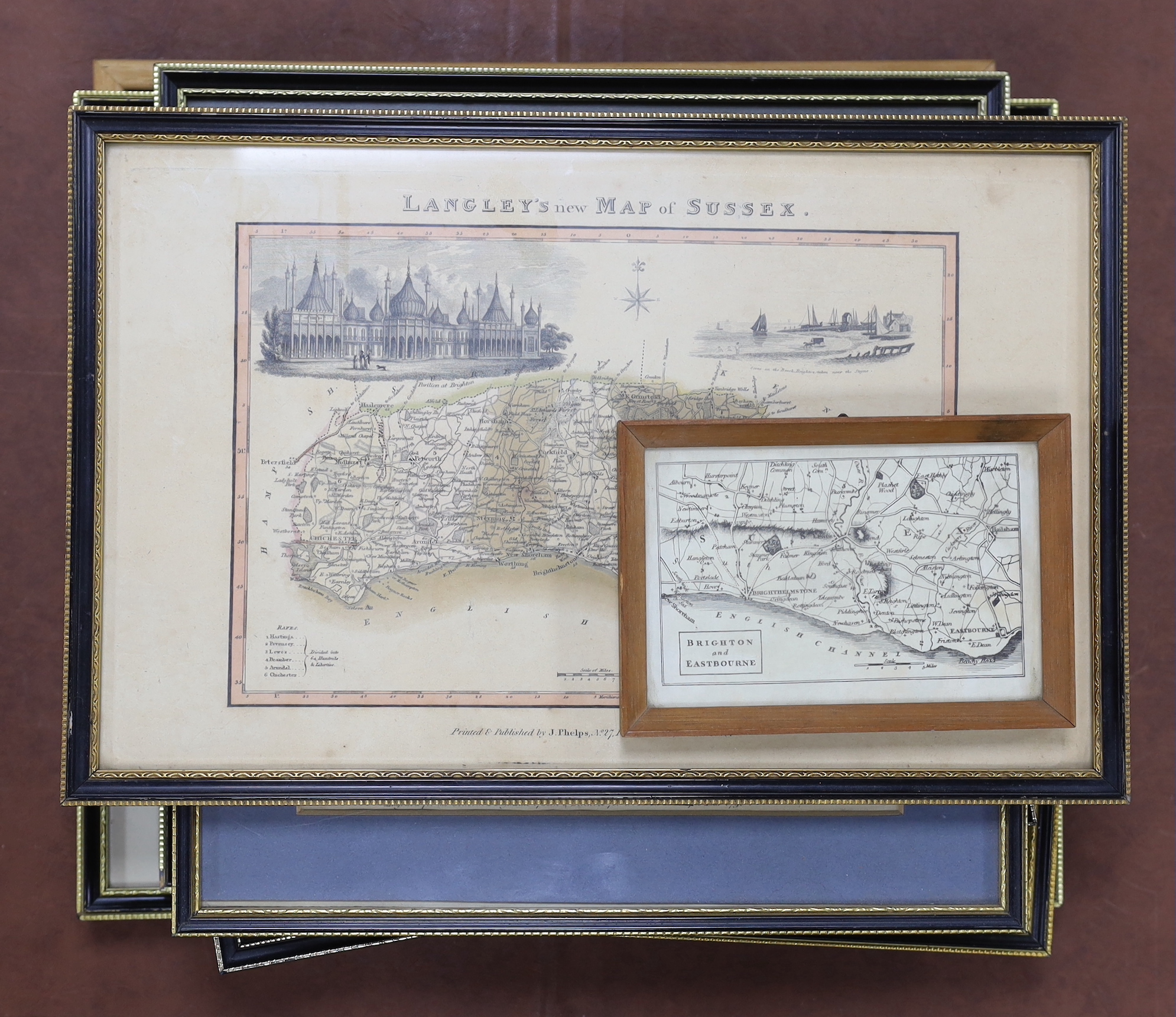 Eight framed 18th and 19th century maps of Sussex, etc., including maps by; Langley, Eman Bowen, Cary, etc. largest 22 x 27cm